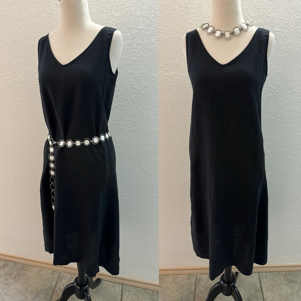 J.Jill Pure Jill Black Linen Lagenlook V-Neck Sleeveless Asymmetric‎ Dress XXS